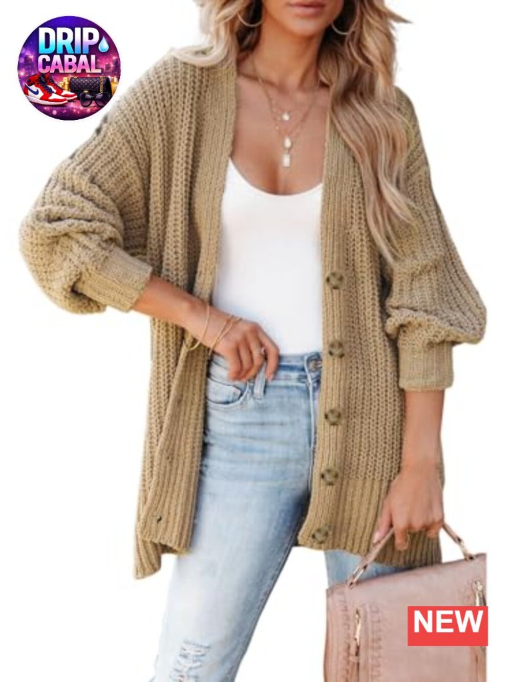 Oversized Open Front Button Long Lantern Sleeve Chunky Knit Cardigan Sweater